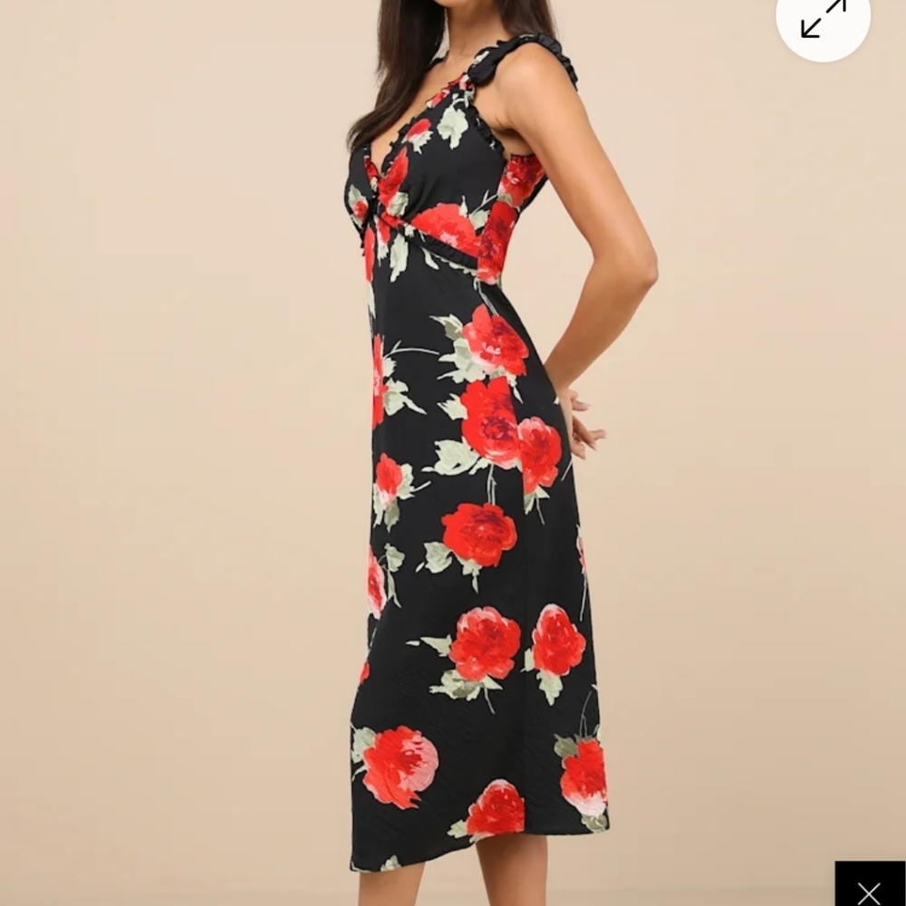 Lulu's Black and Red Floral Midi Dress